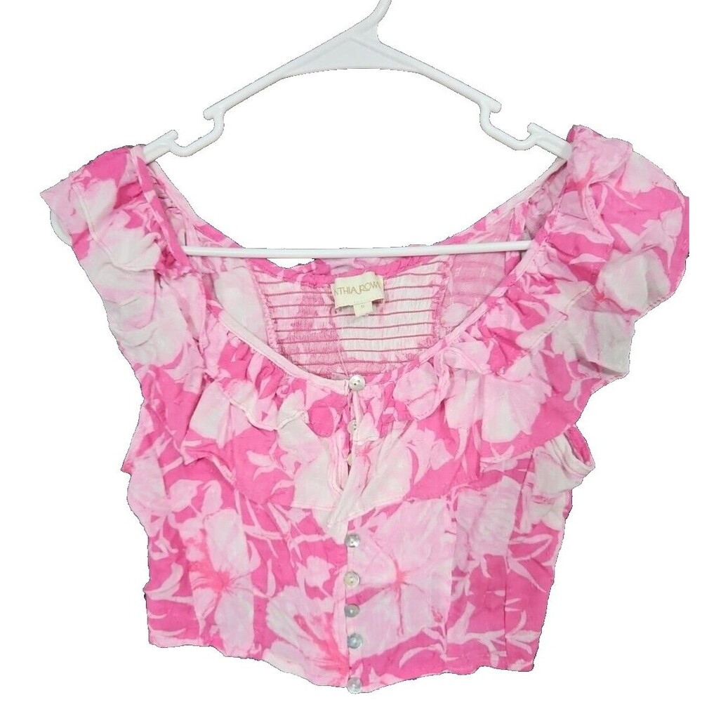 Cynthia Rowey Small S Smocked Pink Floral Crop Top NWOT